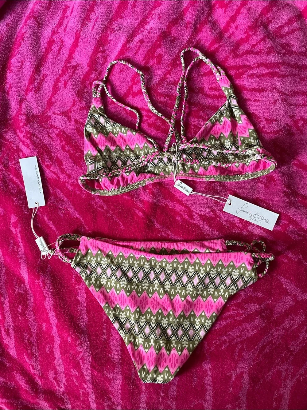 Frankie's Bikinis Pink and Olive Green Zigzag Print Bikini